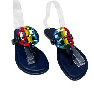 TORY BURCH Navy Blue Rainbow Stripe Miller Logo Patent Leather Sandals Size 6.5
